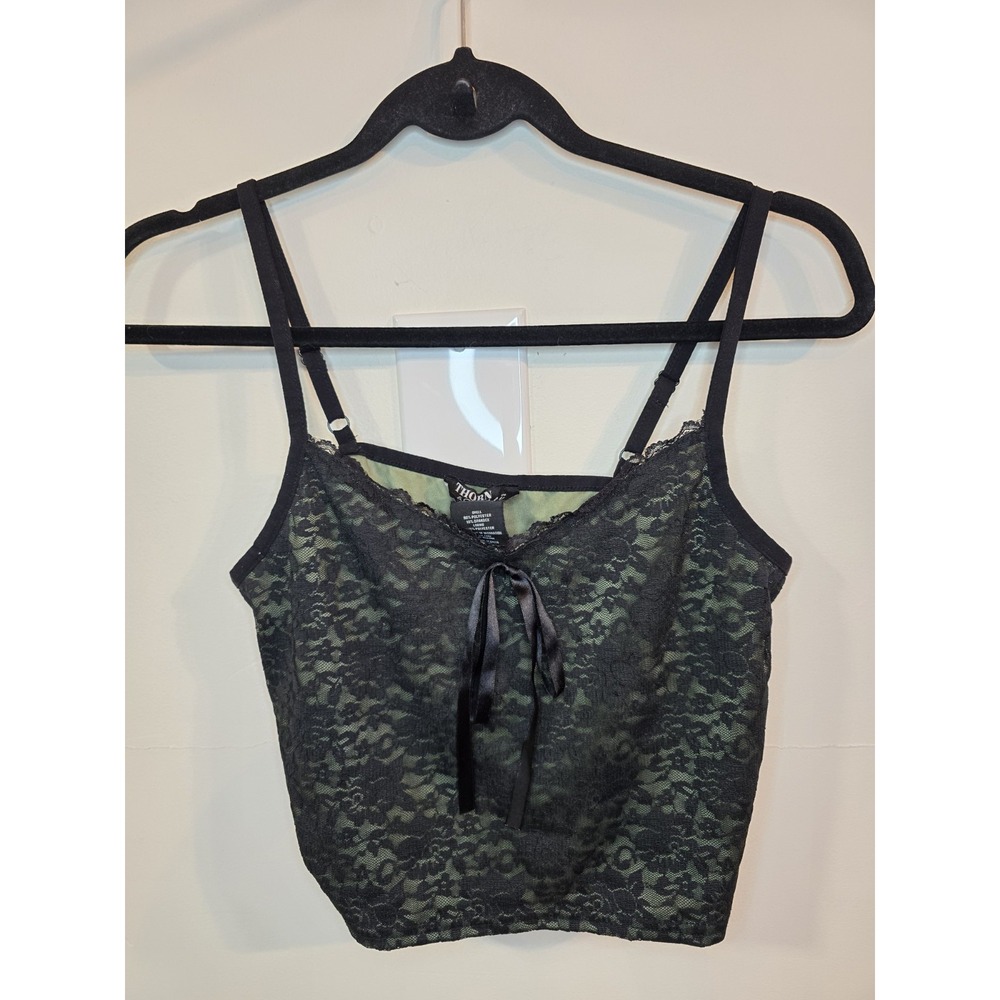 Black Lace Crop Top Ribbon Detail Y2K Style Gothic Fairycore Cami Women's LG